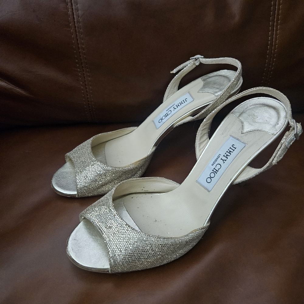 Jimmy Choo Glitter Slingback Peep Toe Heels Size 40 - Picture 3 of 9